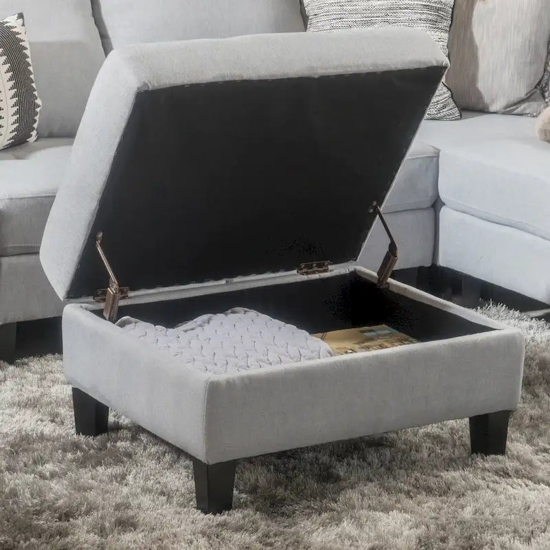 Zeitgenössischer Storage Ottoman mit getufteter Waffelsteppung und Birkenholzbeinen