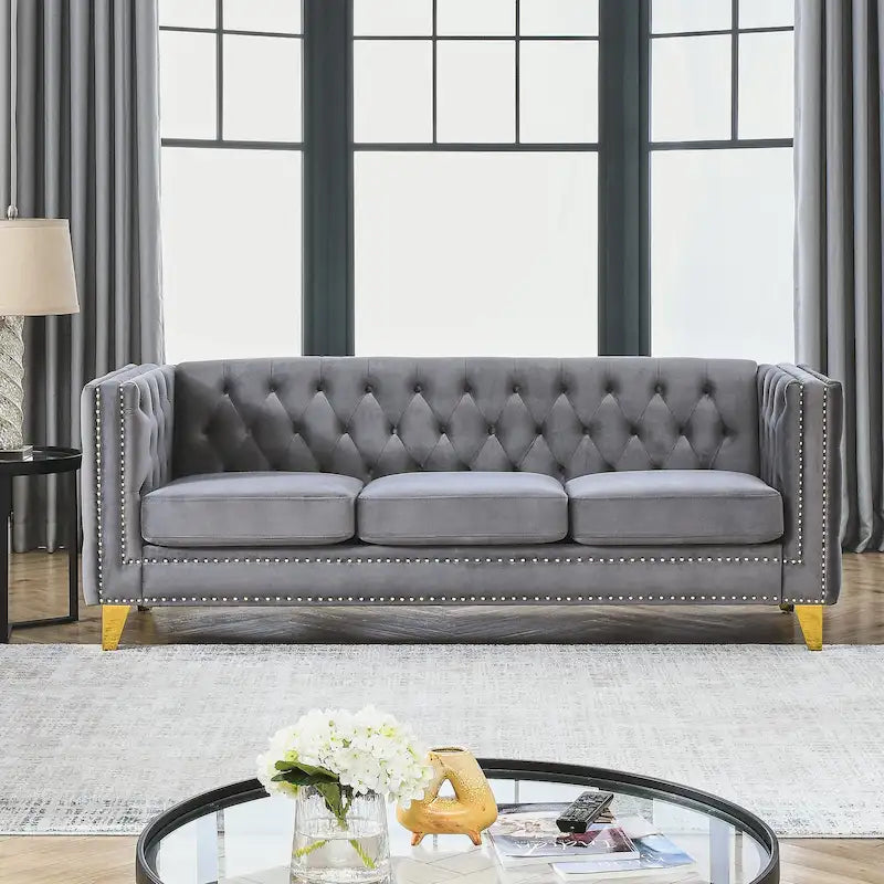 Graues getuftetes 3-Sitzer Chesterfield-Sofa aus Samt, 80,5 Zoll, mit Nagelkopfbeschlägen
