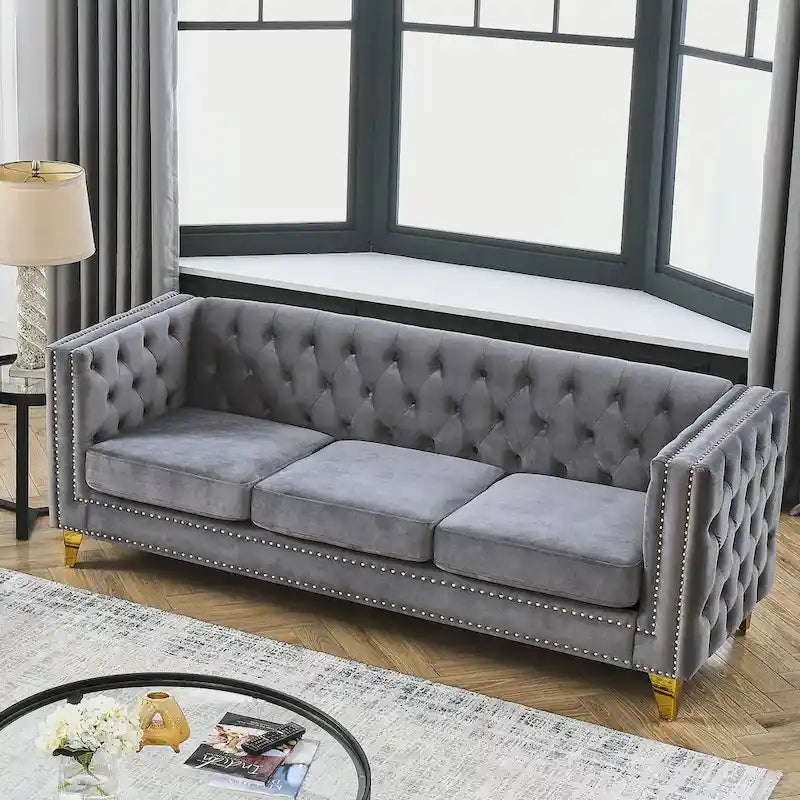 Graues getuftetes 3-Sitzer Chesterfield-Sofa aus Samt, 80,5 Zoll, mit Nagelkopfbeschlägen