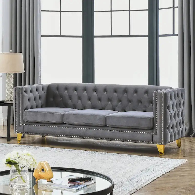 Graues getuftetes 3-Sitzer Chesterfield-Sofa aus Samt, 80,5 Zoll, mit Nagelkopfbeschlägen