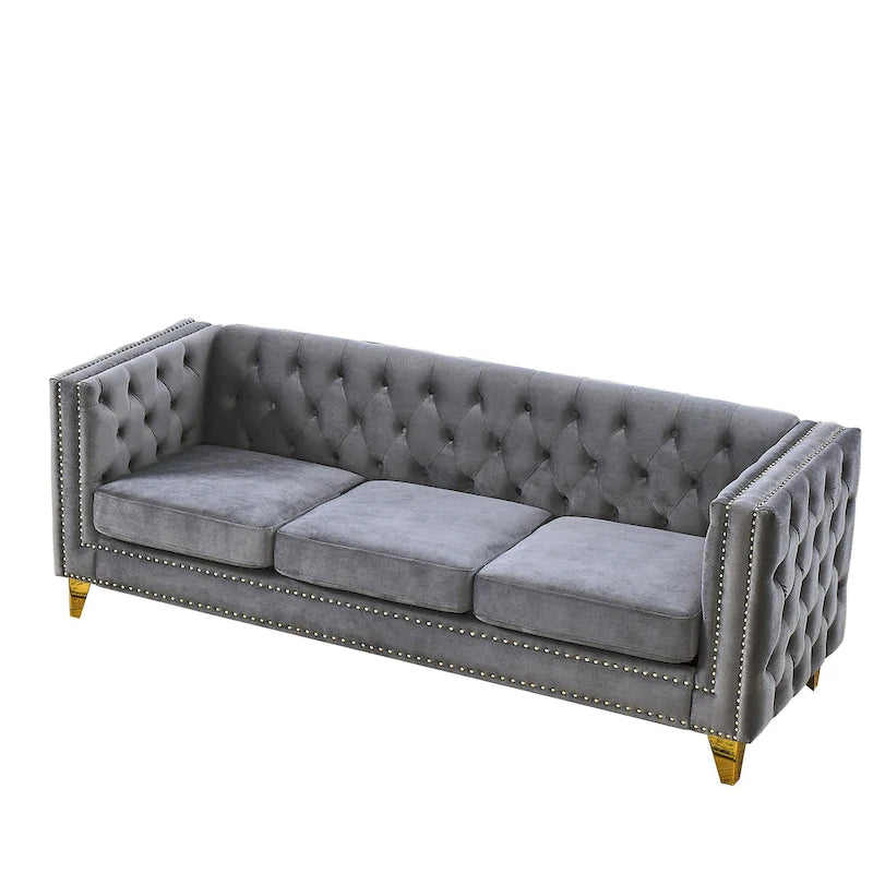 Graues getuftetes 3-Sitzer Chesterfield-Sofa aus Samt, 80,5 Zoll, mit Nagelkopfbeschlägen