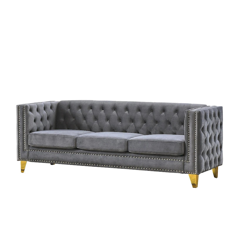 Graues getuftetes 3-Sitzer Chesterfield-Sofa aus Samt, 80,5 Zoll, mit Nagelkopfbeschlägen