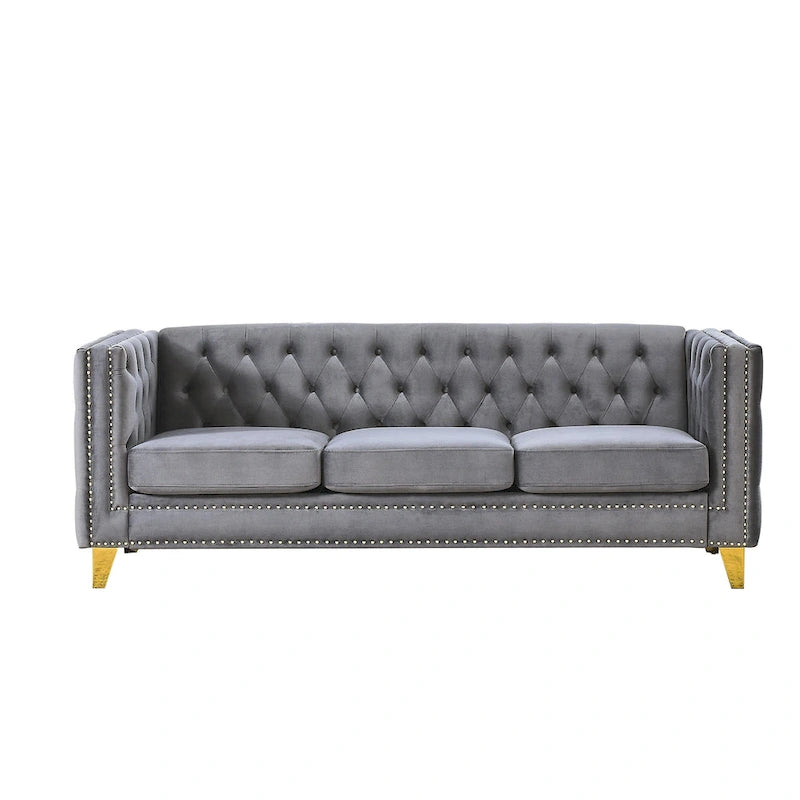 Graues getuftetes 3-Sitzer Chesterfield-Sofa aus Samt, 80,5 Zoll, mit Nagelkopfbeschlägen