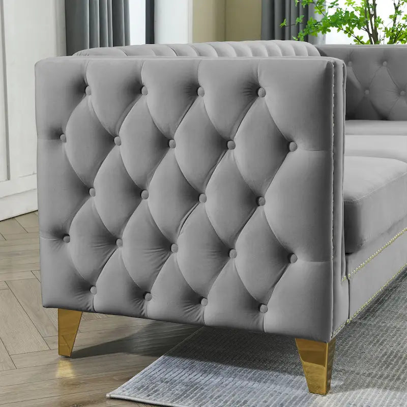 Graues getuftetes 3-Sitzer Chesterfield-Sofa aus Samt, 80,5 Zoll, mit Nagelkopfbeschlägen