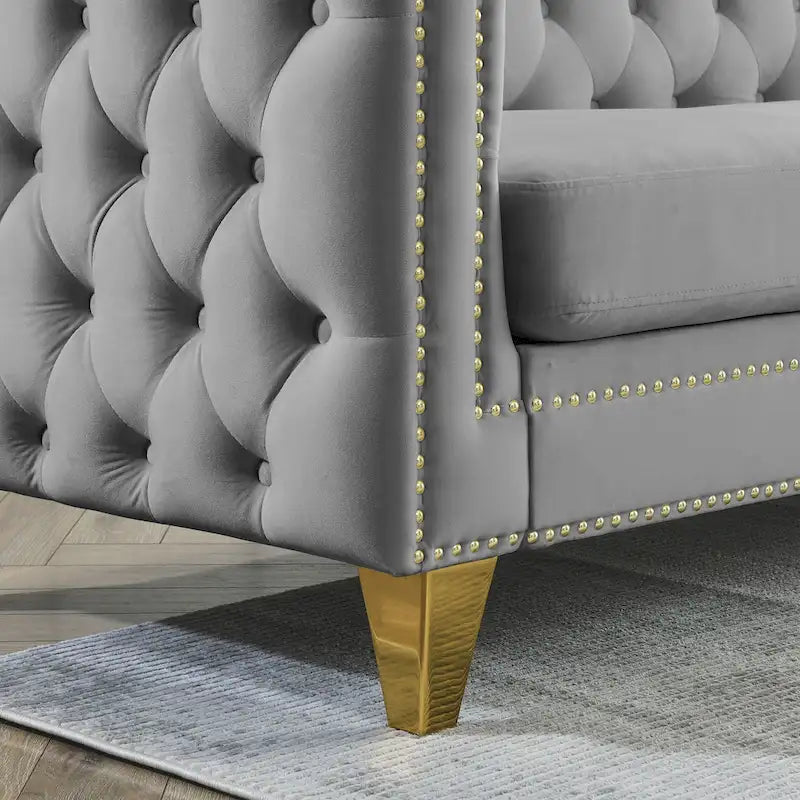 Graues getuftetes 3-Sitzer Chesterfield-Sofa aus Samt, 80,5 Zoll, mit Nagelkopfbeschlägen