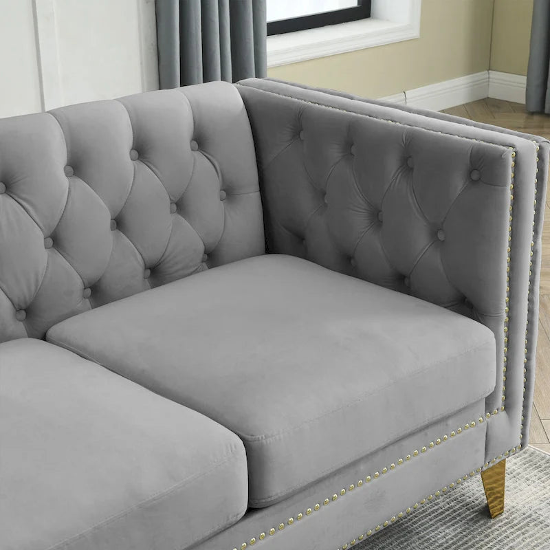 Graues getuftetes 3-Sitzer Chesterfield-Sofa aus Samt, 80,5 Zoll, mit Nagelkopfbeschlägen