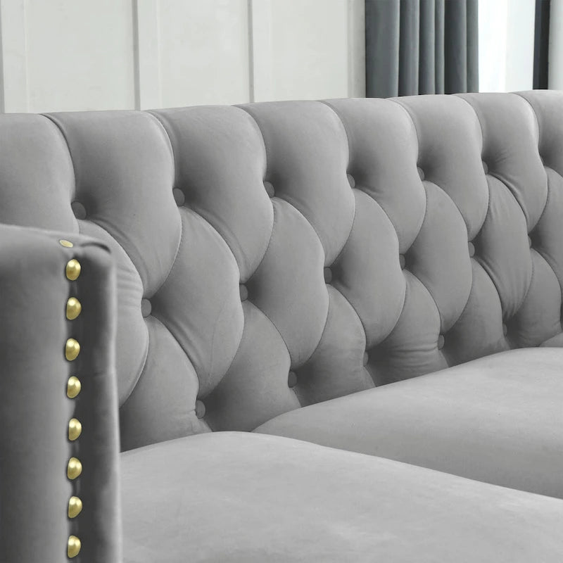 Graues getuftetes 3-Sitzer Chesterfield-Sofa aus Samt, 80,5 Zoll, mit Nagelkopfbeschlägen