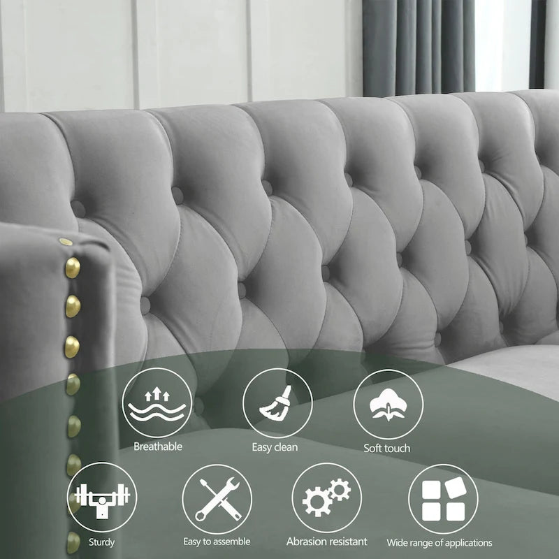 Graues getuftetes 3-Sitzer Chesterfield-Sofa aus Samt, 80,5 Zoll, mit Nagelkopfbeschlägen