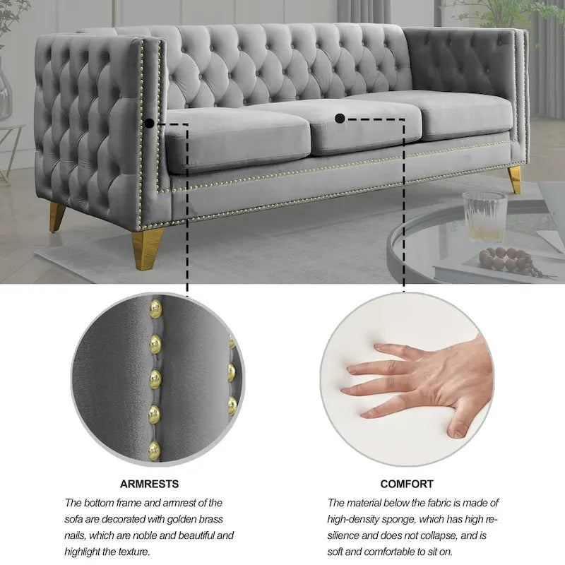 Graues getuftetes 3-Sitzer Chesterfield-Sofa aus Samt, 80,5 Zoll, mit Nagelkopfbeschlägen