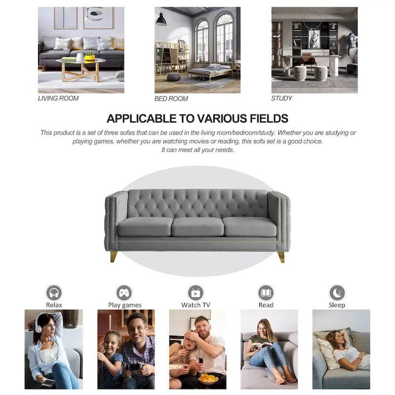 Graues getuftetes 3-Sitzer Chesterfield-Sofa aus Samt, 80,5 Zoll, mit Nagelkopfbeschlägen