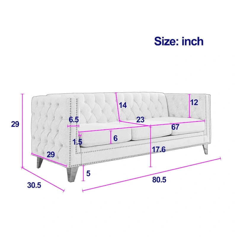 Graues getuftetes 3-Sitzer Chesterfield-Sofa aus Samt, 80,5 Zoll, mit Nagelkopfbeschlägen