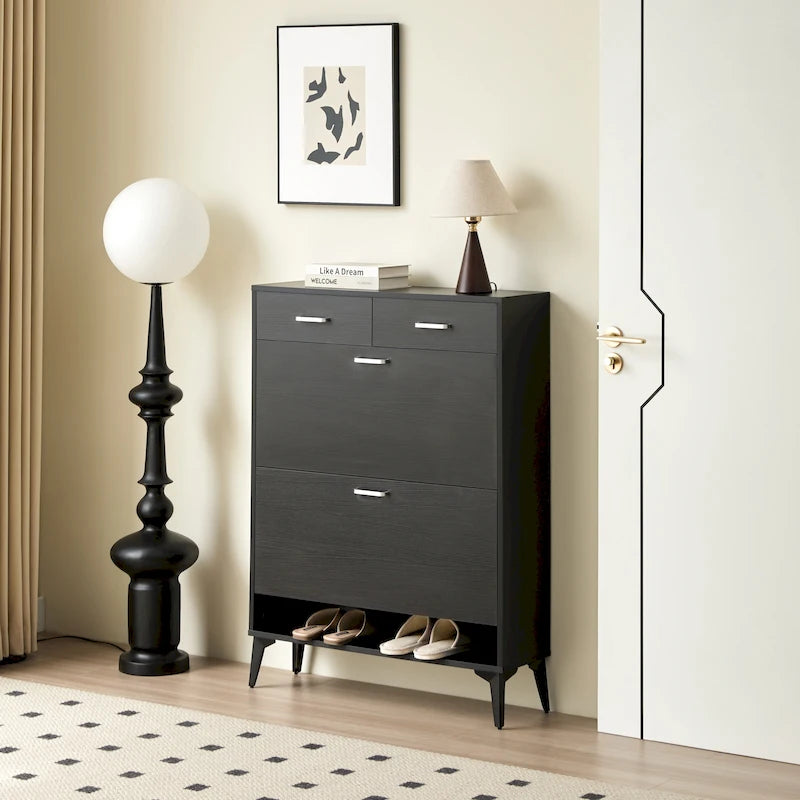 Großer Schuhschrank, freistehender Kippschuhregal-Organizer mit 2 Klappfächern und 2 Schubladen