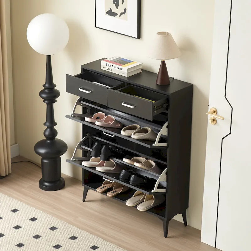 Großer Schuhschrank, freistehender Kippschuhregal-Organizer mit 2 Klappfächern und 2 Schubladen