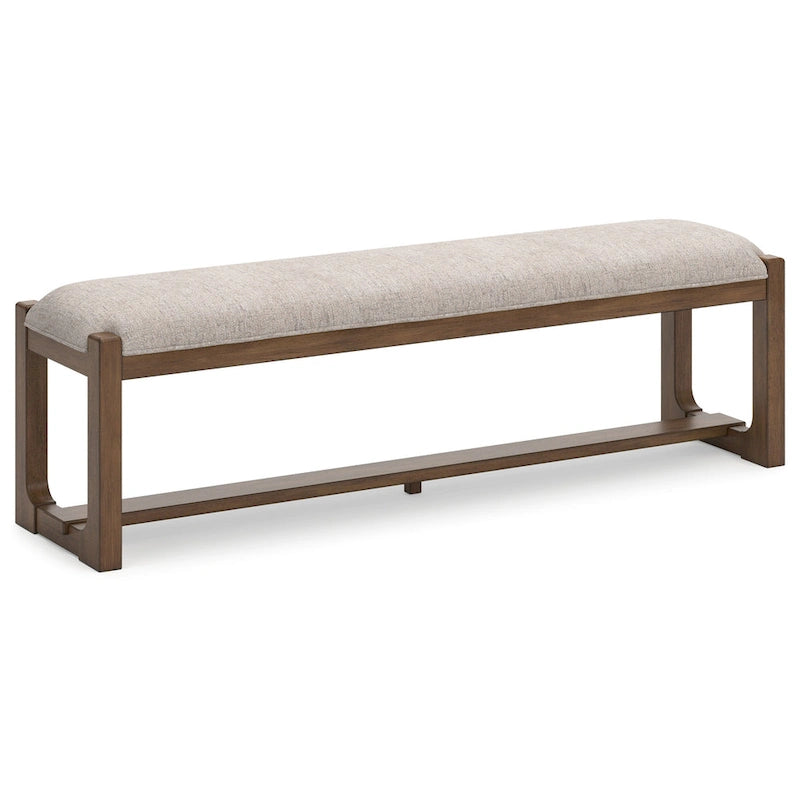 Große Esszimmerbank, gepolstert, beige, Polyester, braunes Holz, 163 cm