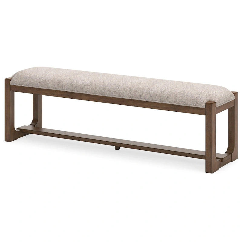 Große Esszimmerbank, gepolstert, beige, Polyester, braunes Holz, 163 cm