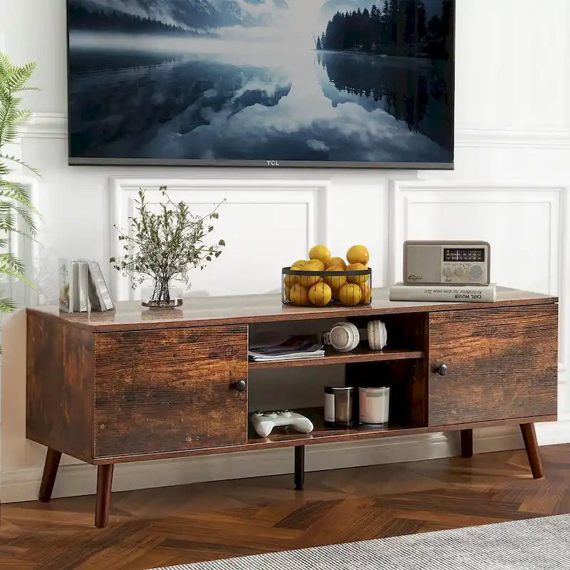 TV-Ständer mit Stauraum für 50/55/60 Zoll Entertainment-Center, mit 2 Schränken und Ablagen