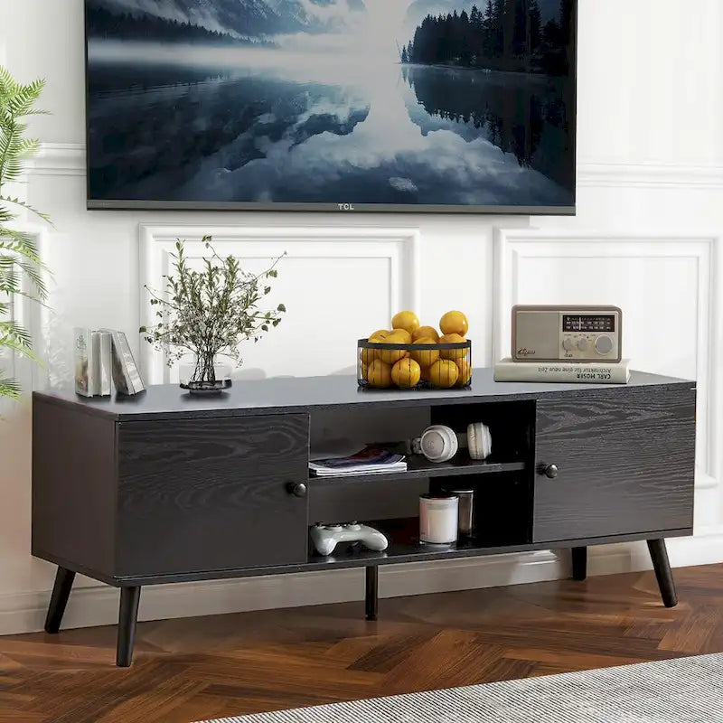 TV-Ständer mit Stauraum für 50/55/60 Zoll Entertainment-Center, mit 2 Schränken und Ablagen