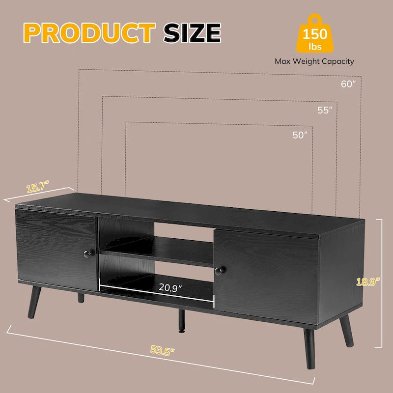 TV-Ständer mit Stauraum für 50/55/60 Zoll Entertainment-Center, mit 2 Schränken und Ablagen