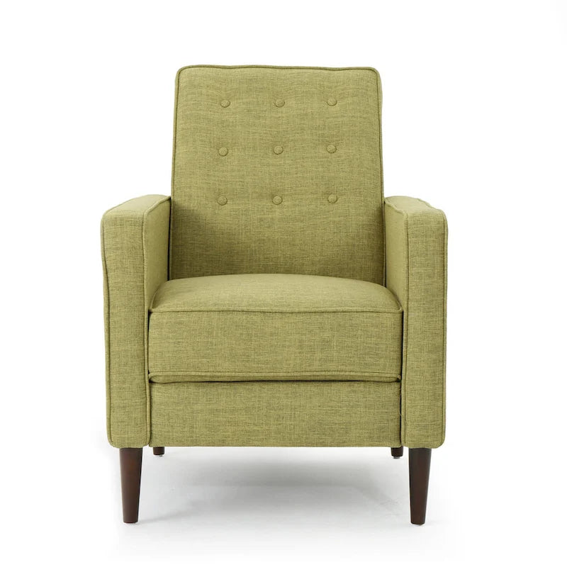 Grüner Stoff Mid-Century Polsterliegesessel mit Fußstütze, geknöpfter Rückenlehne, Beinen aus Buchenholz