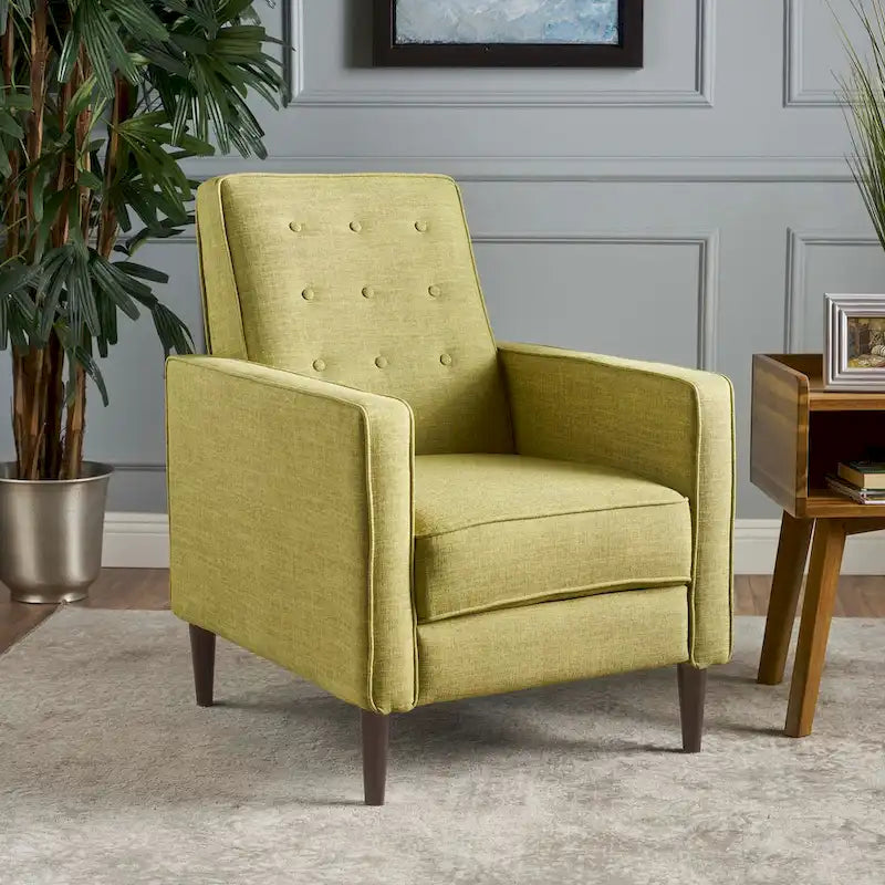 Grüner Stoff Mid-Century Polsterliegesessel mit Fußstütze, geknöpfter Rückenlehne, Beinen aus Buchenholz