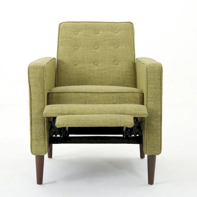 Grüner Stoff Mid-Century Polsterliegesessel mit Fußstütze, geknöpfter Rückenlehne, Beinen aus Buchenholz