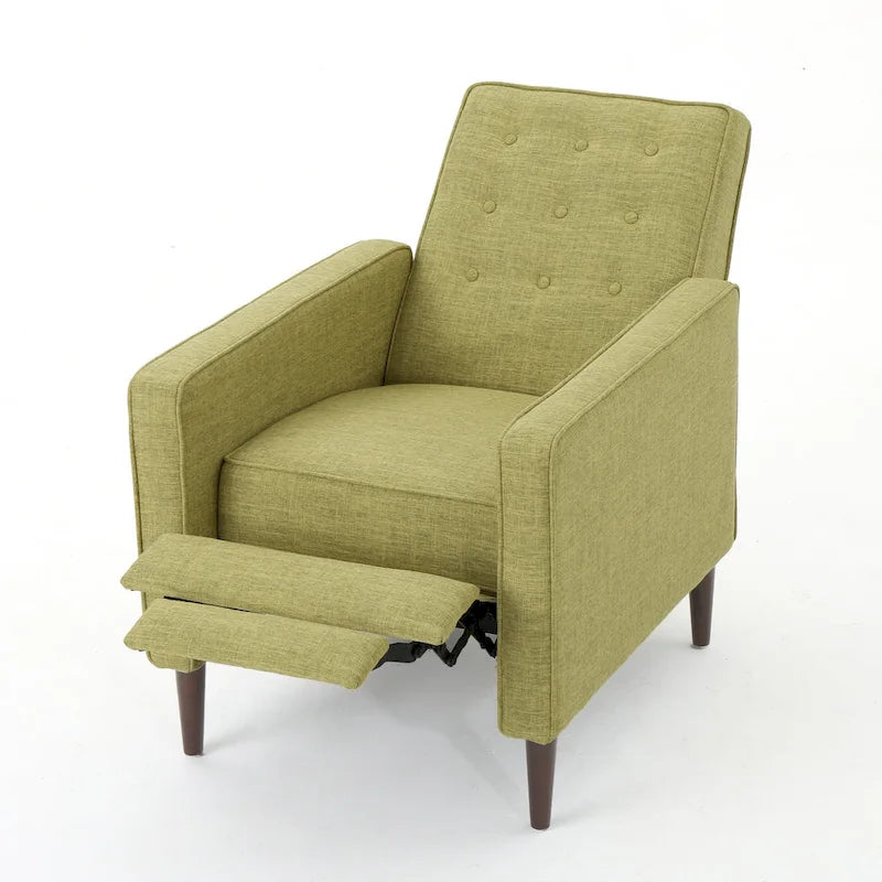 Grüner Stoff Mid-Century Polsterliegesessel mit Fußstütze, geknöpfter Rückenlehne, Beinen aus Buchenholz