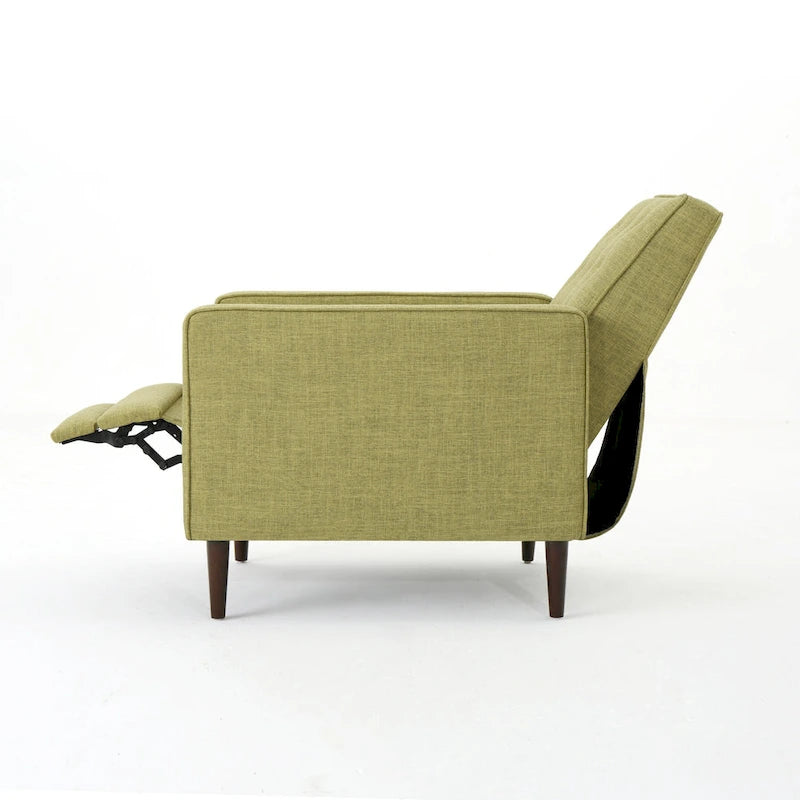 Grüner Stoff Mid-Century Polsterliegesessel mit Fußstütze, geknöpfter Rückenlehne, Beinen aus Buchenholz