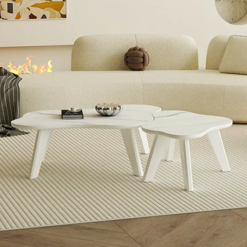Modernes 2-teiliges wolkenförmiges Couchtisch-Set mit Massivholzbeinen und MDF-Platte für das Wohnzimmer
