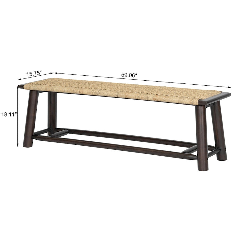 Modernes Bauernhaus Bank aus Massivholz und Rattan - 150 cm Innen- und überdachte Außenbank Nussbaumfarben, Multifunktionales Design