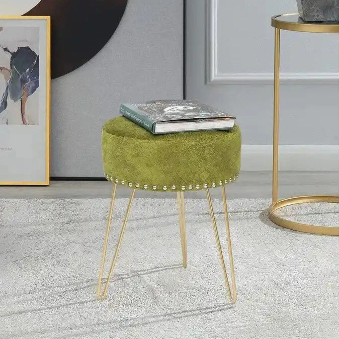 Adeco Round Footstool Ottoman Velvet Dressing Stool Gold Metal Legs
