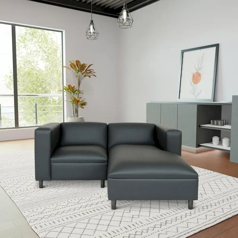 Mid Century Modern L-förmiges Sofa, Kunstleder, Massivholzrahmen