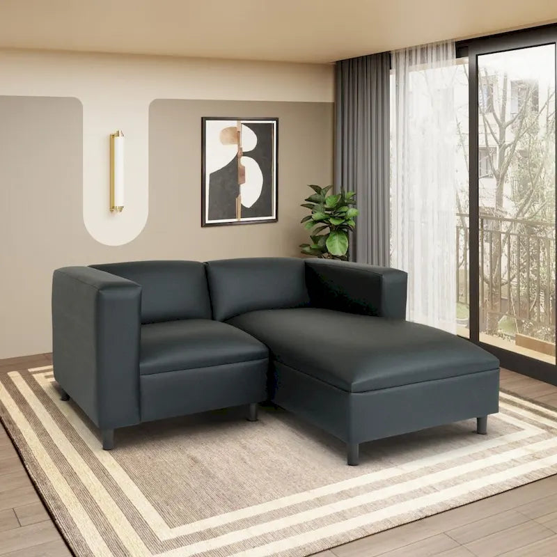 Mid Century Modern L-förmiges Sofa, Kunstleder, Massivholzrahmen