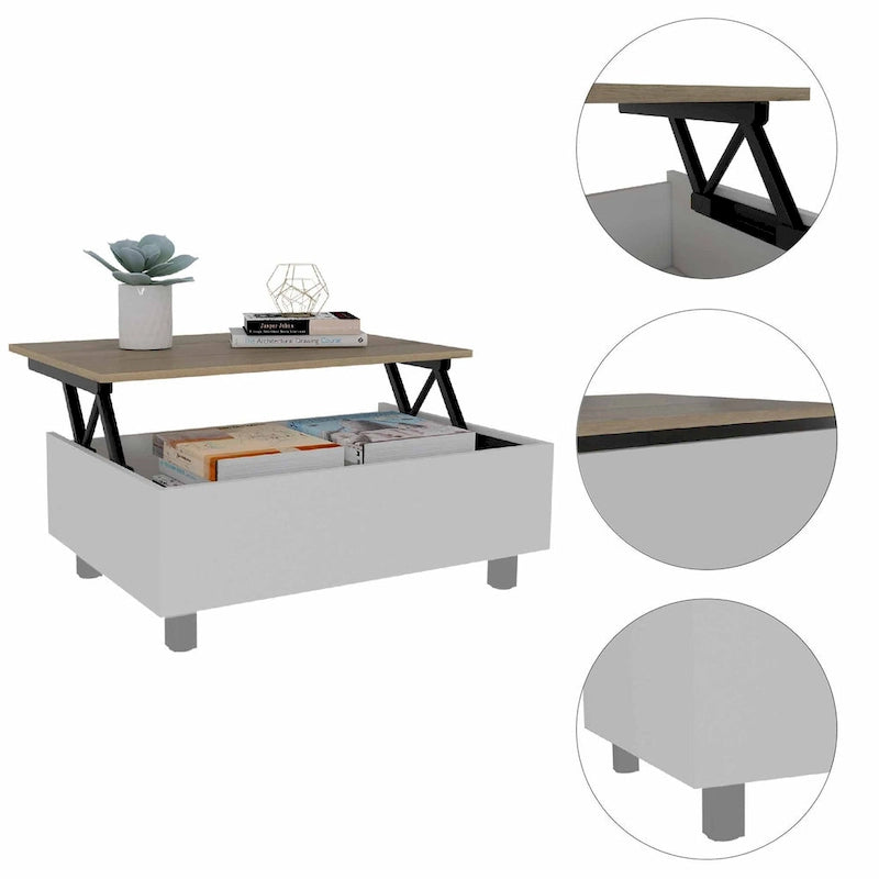 Couchtisch mit anhebbarem Oberteil und verstecktem Staufach