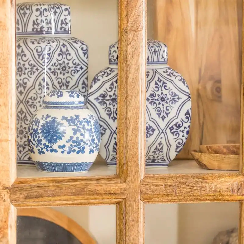 Vitrinenschrank aus massivem Mangoholz mit Fenster und durchsichtiger Hartglasplatte