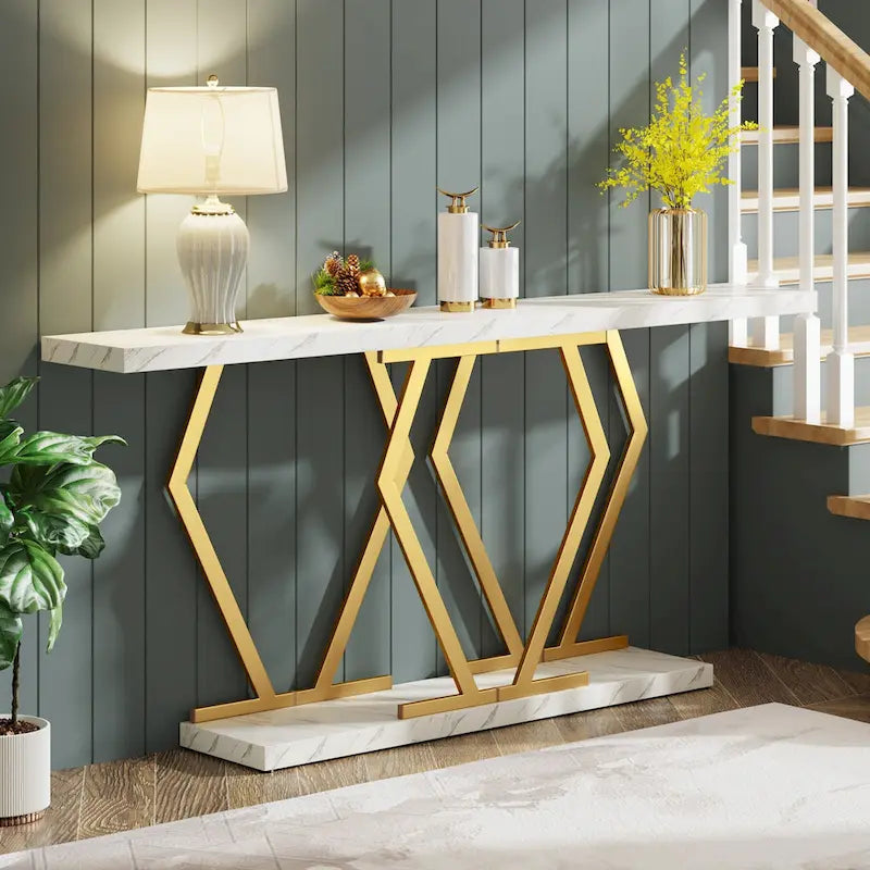 70.9 Zoll Extra Langer Moderner Sofa Konsolentisch mit Kunstmarmor Tischplatte und Goldrahmen für Wohnzimmer, Eingangsbereich, Flur