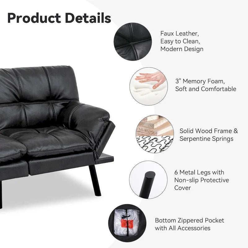 Schlafsofa, wandelbares Futon-Schlafsofa-Tagesbett mit verstellbaren Armlehnen für Studio, Apartment, Büro, kleine Räume