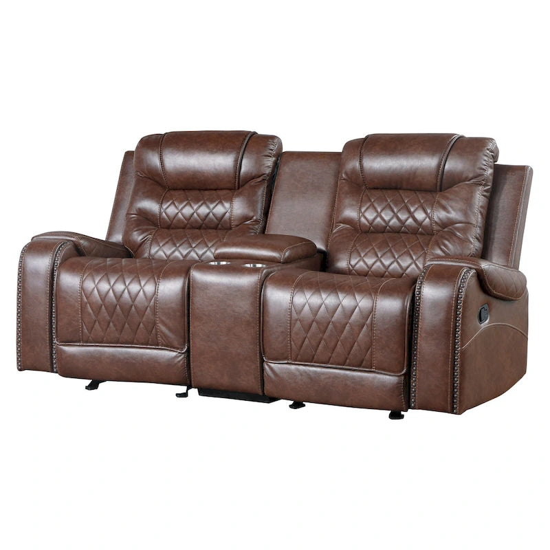 78 Zoll manueller Liege-Loveseat mit Getränkehalterkonsole aus braunem Kunstleder