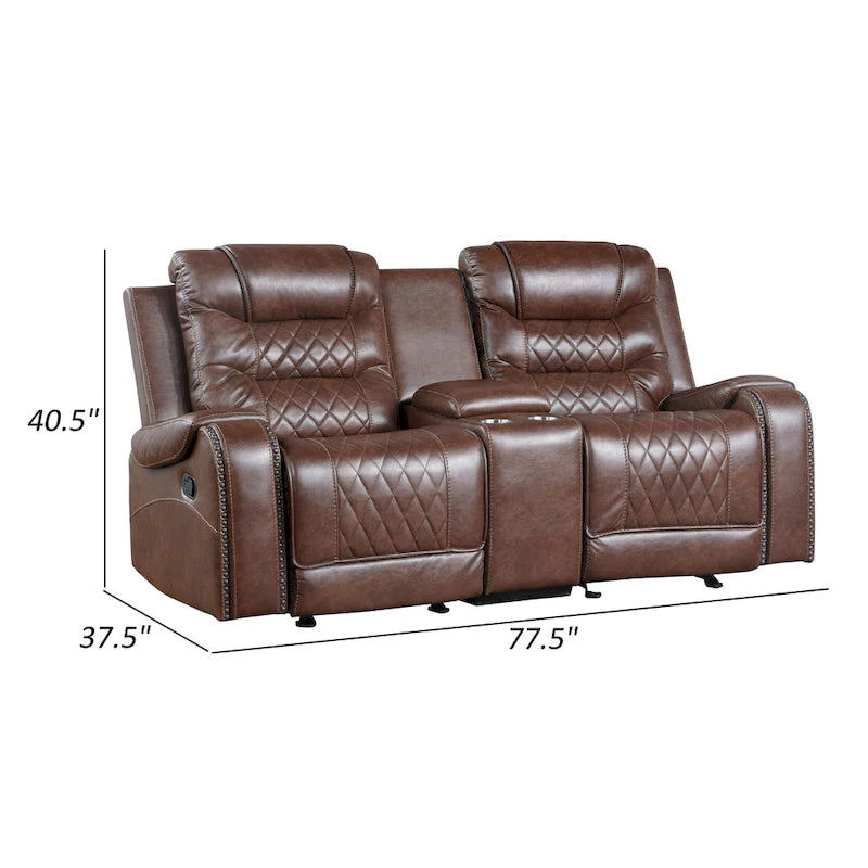 78 Zoll manueller Liege-Loveseat mit Getränkehalterkonsole aus braunem Kunstleder
