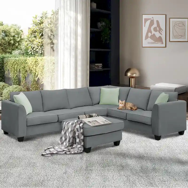 112*87 Sektionssofa Couch Wohnzimmersets, 7-Sitzer Sektionssofa mit Ottoman, L-förmiges Ecksofa-Set mit 3 Kissen
