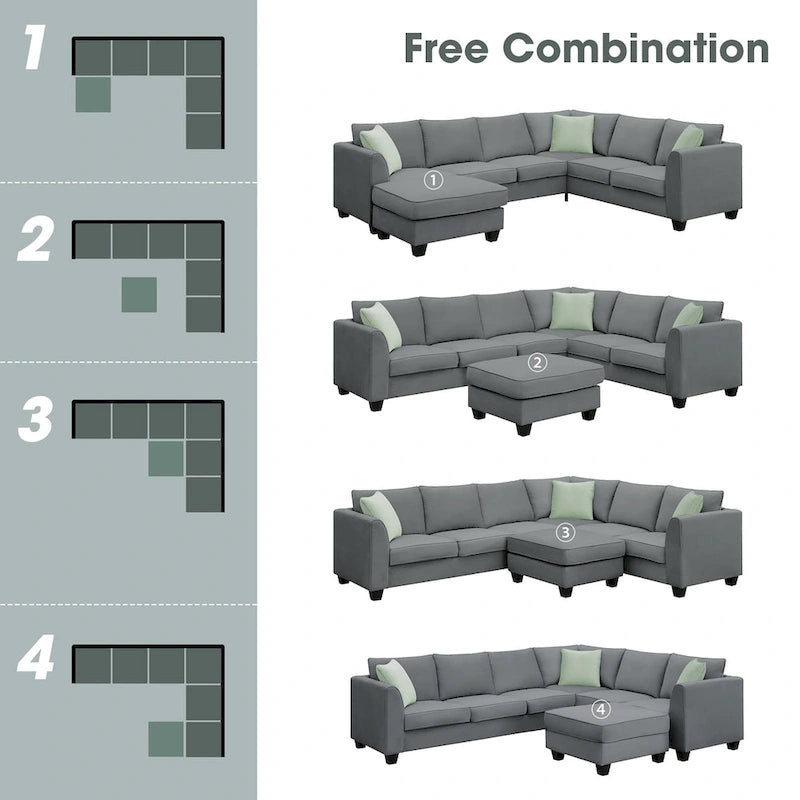 112*87 Sektionssofa Couch Wohnzimmersets, 7-Sitzer Sektionssofa mit Ottoman, L-förmiges Ecksofa-Set mit 3 Kissen