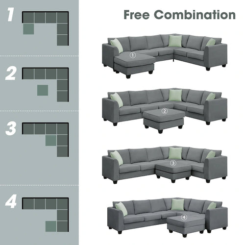 112*87 Sektionssofa Couch Wohnzimmersets, 7-Sitzer Sektionssofa mit Ottoman, L-förmiges Ecksofa-Set mit 3 Kissen