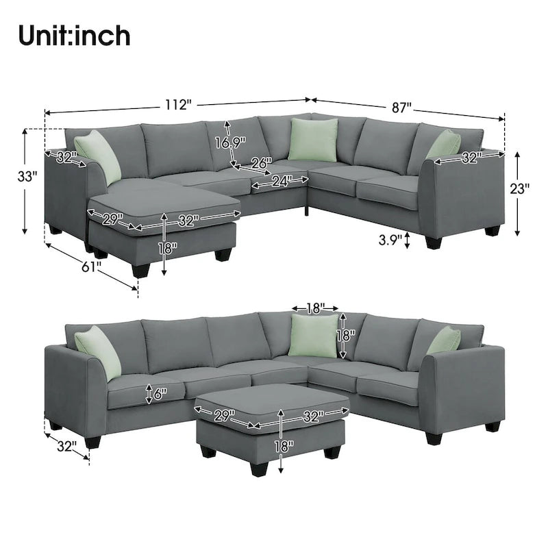 112*87 Sektionssofa Couch Wohnzimmersets, 7-Sitzer Sektionssofa mit Ottoman, L-förmiges Ecksofa-Set mit 3 Kissen