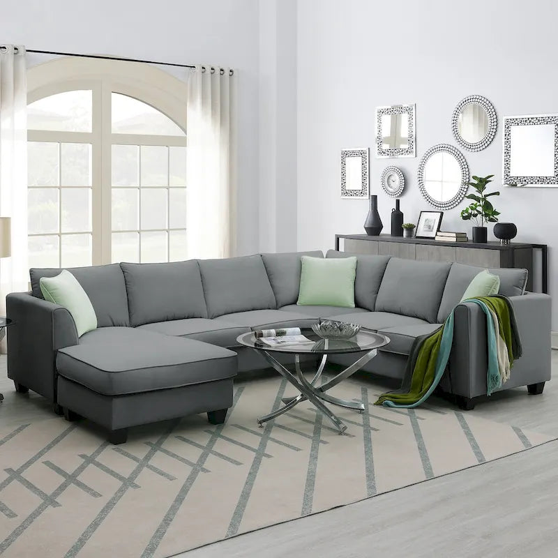 112*87 Sektionssofa Couch Wohnzimmersets, 7-Sitzer Sektionssofa mit Ottoman, L-förmiges Ecksofa-Set mit 3 Kissen