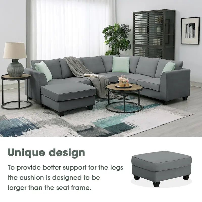 112*87 Sektionssofa Couch Wohnzimmersets, 7-Sitzer Sektionssofa mit Ottoman, L-förmiges Ecksofa-Set mit 3 Kissen