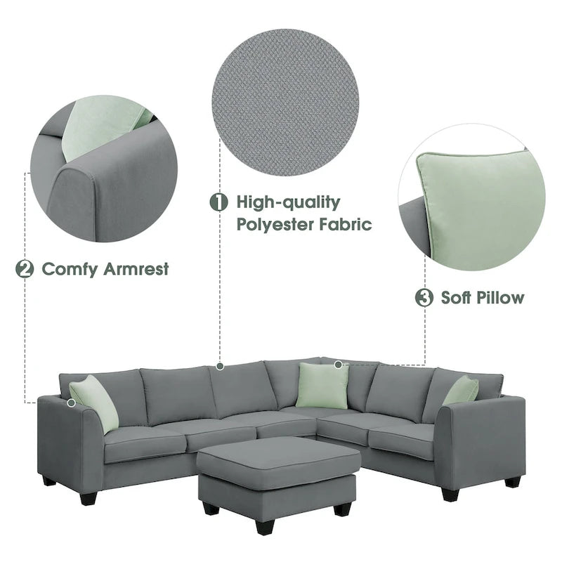 112*87 Sektionssofa Couch Wohnzimmersets, 7-Sitzer Sektionssofa mit Ottoman, L-förmiges Ecksofa-Set mit 3 Kissen