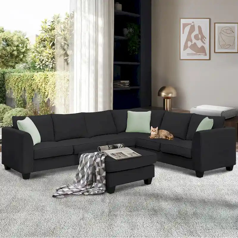 112*87 Sektionssofa Couch Wohnzimmersets, 7-Sitzer Sektionssofa mit Ottoman, L-förmiges Ecksofa-Set mit 3 Kissen