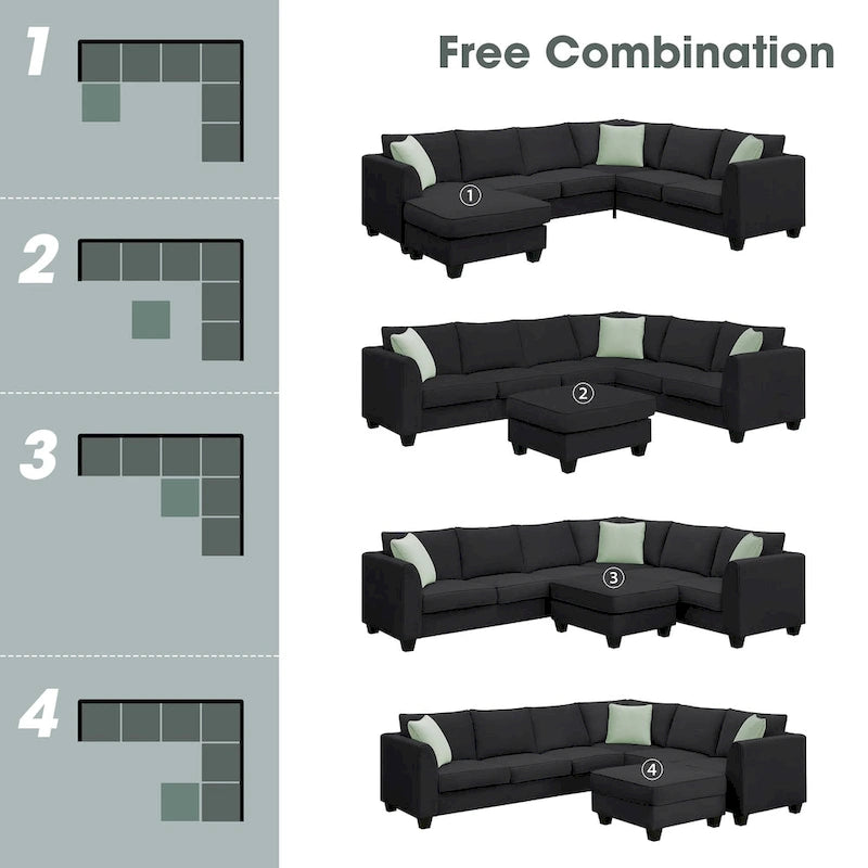 112*87 Sektionssofa Couch Wohnzimmersets, 7-Sitzer Sektionssofa mit Ottoman, L-förmiges Ecksofa-Set mit 3 Kissen