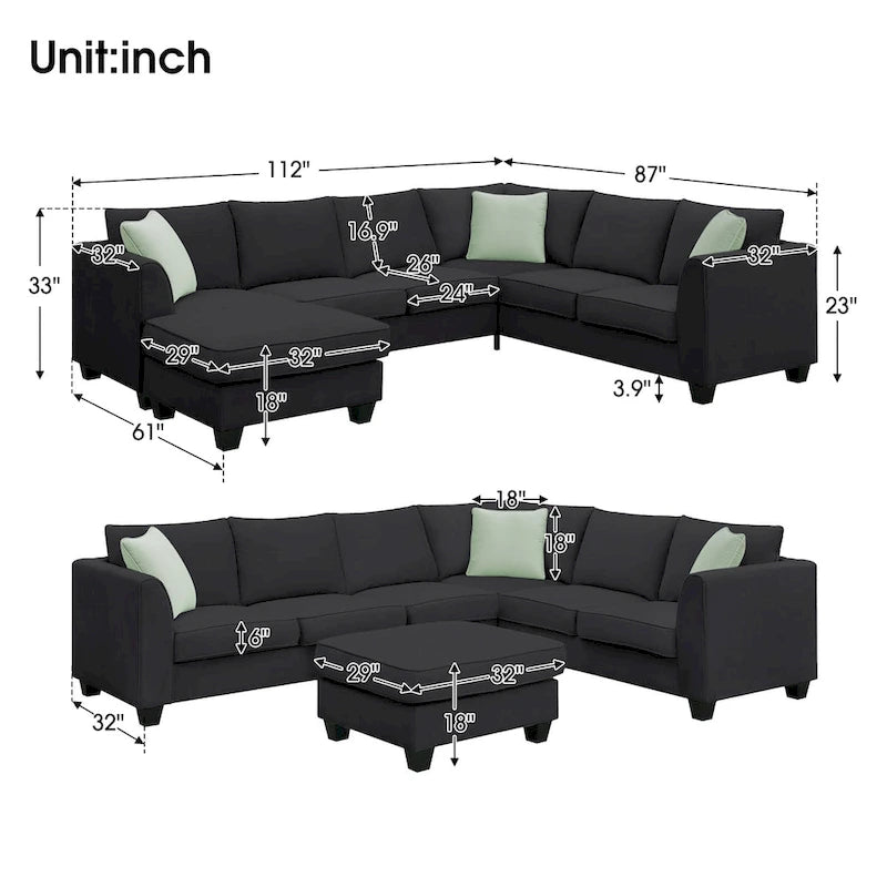 112*87 Sektionssofa Couch Wohnzimmersets, 7-Sitzer Sektionssofa mit Ottoman, L-förmiges Ecksofa-Set mit 3 Kissen