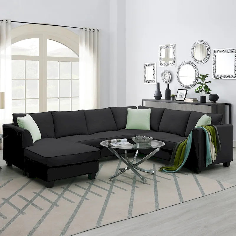112*87 Sektionssofa Couch Wohnzimmersets, 7-Sitzer Sektionssofa mit Ottoman, L-förmiges Ecksofa-Set mit 3 Kissen