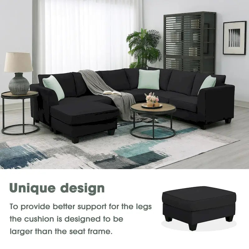 112*87 Sektionssofa Couch Wohnzimmersets, 7-Sitzer Sektionssofa mit Ottoman, L-förmiges Ecksofa-Set mit 3 Kissen